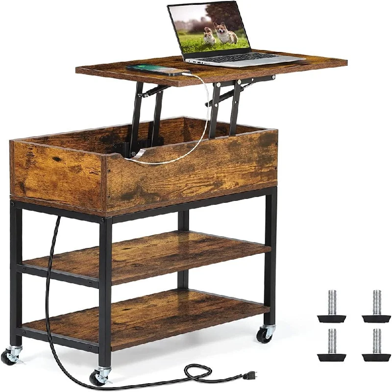 Lift Top Storage Bedroom Nightstand with Charging Station with USB Ports in Rustic Burnt Wood