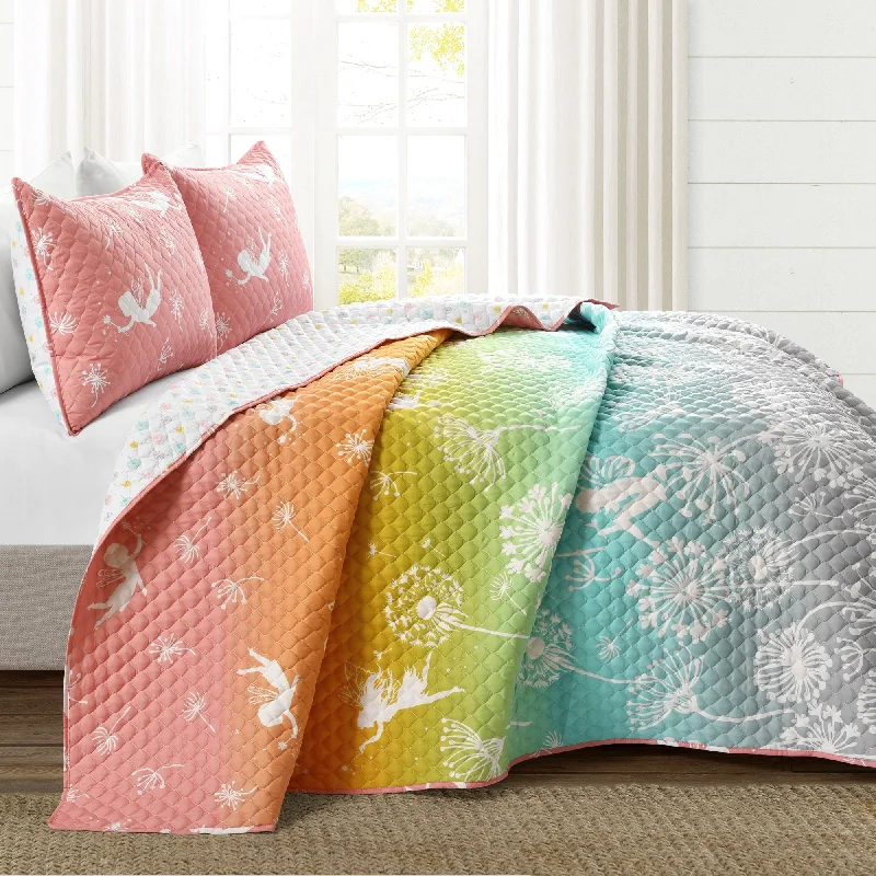 Lush Decor Dandelion Fairy Ombre Pastel Rainbow Reversible Print Quilt Set