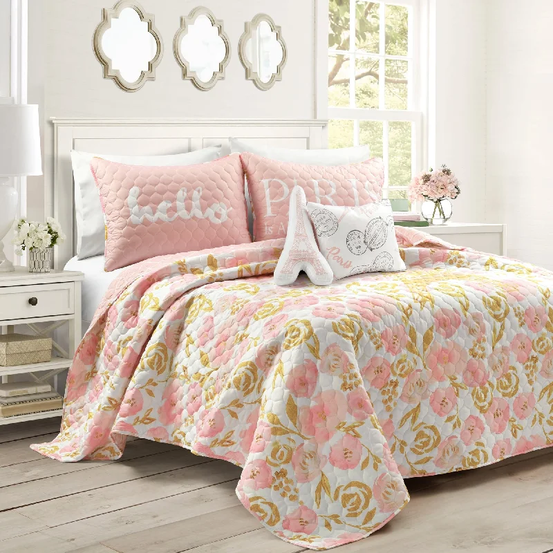 Lush Decor Watercolor Rose Paris Glitter Reversible Quilt Set