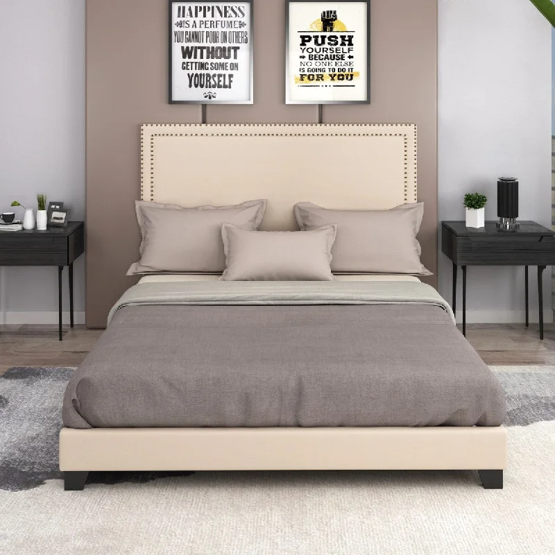 Milan Upholstered Platform Bed with Wooden Slats and Nailhead Detail (Queen)