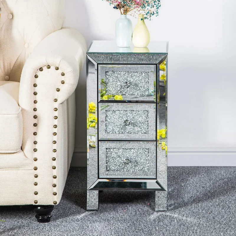 Mirrored Bedside Table Night Stand, Modern 3-Drawer Mirror Nightstand Crushed Crystal End Table Sofa Side Table