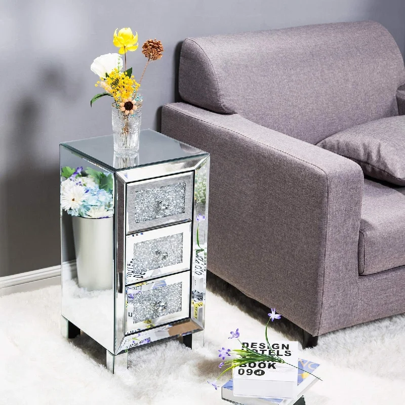 Mirrored Night Stand with 3 Drawers, Mirror Crushed Crystal Bedside Table Cabinet, Modern End Tables Accent Side Table