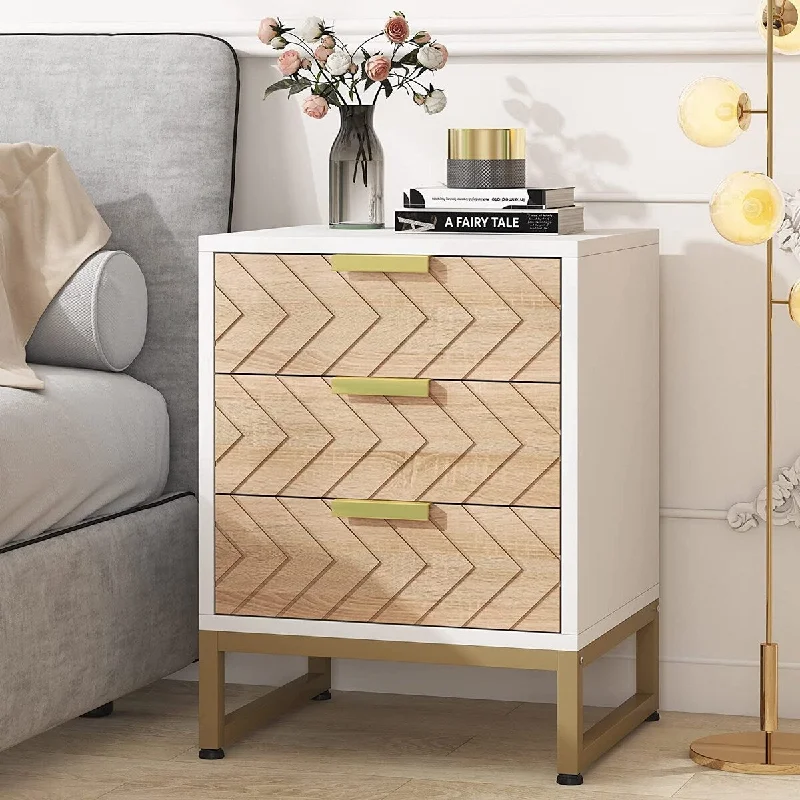 Modern 3 Drawers Nightstand, Modern Bedside Table with Unique Zig Zag Design for Bedroom Living Room