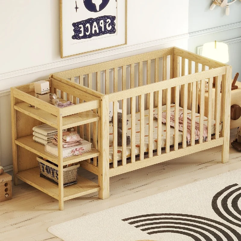 Natural Convertible Crib/Full Solid Wood Bed with Changing Table, Adjustable Height, Nursery Bed