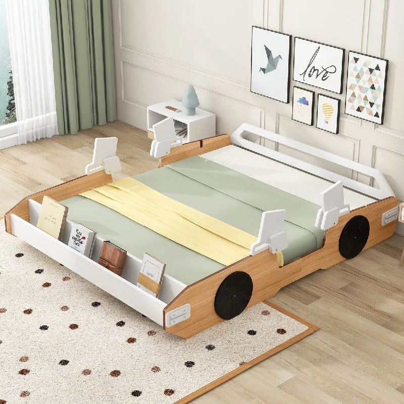 Natural Full Size Racing Car Platform Bed, Adjustable Gear Positions, Storage Holder, Playful Design