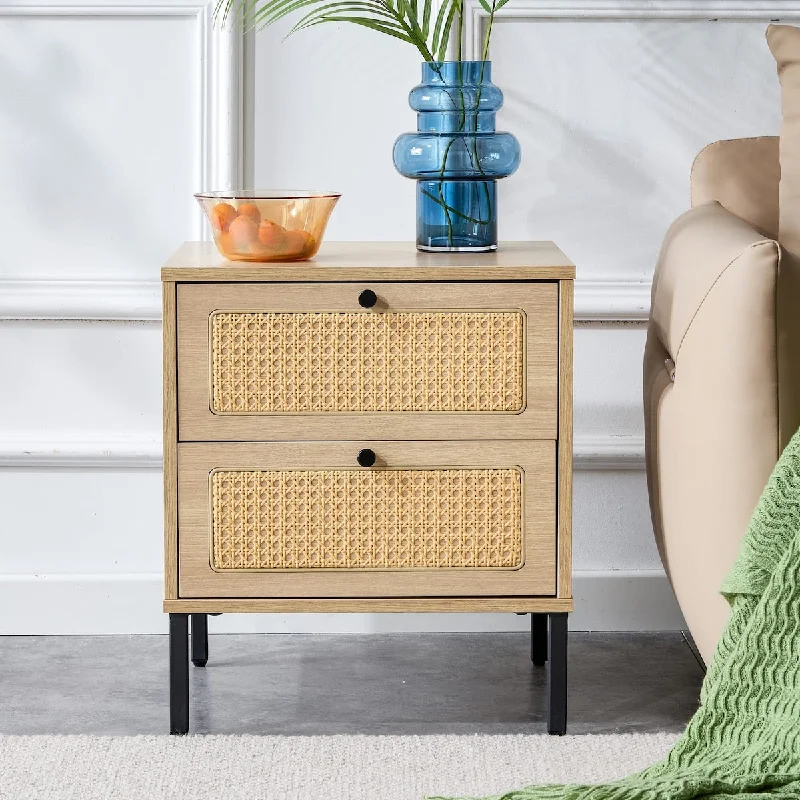 Nightstand Modern Rattan Side Table with Storage, Accent Bedside Tables with Solid Metal Legs, Practical End Table