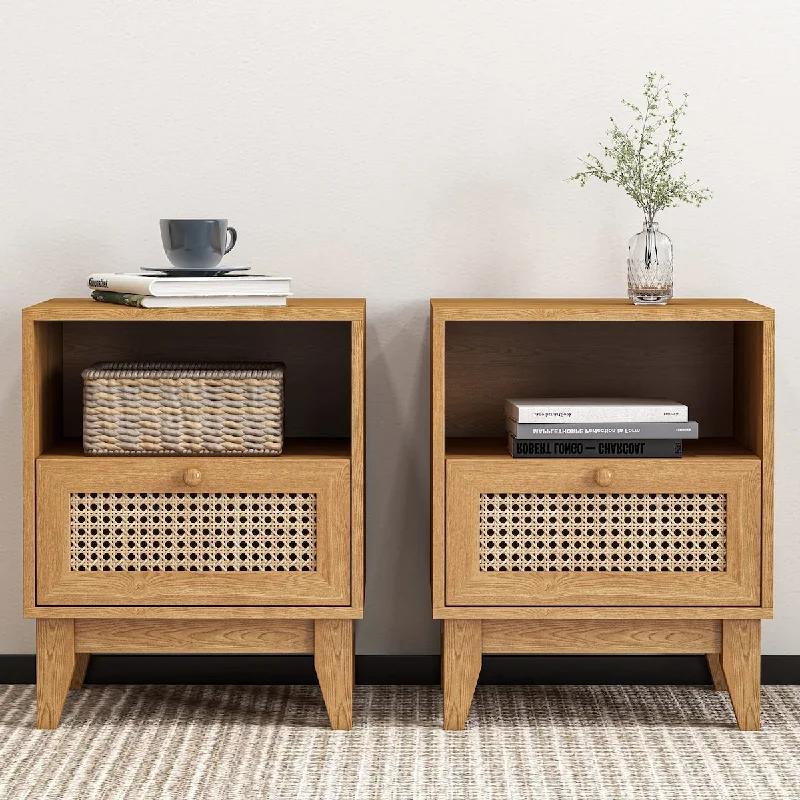 Nightstand Set of 2, Rattan Nightstand with Drawer & Open Shelf, Boho Accent End Table Side Table Bedside Tables