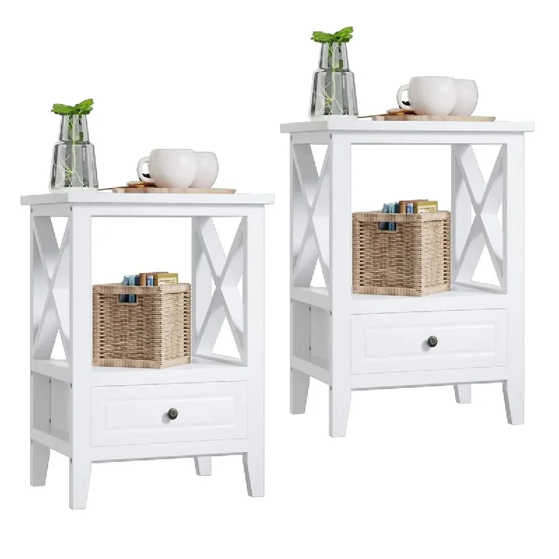 Nightstand Set of 2 White Nightstand with Drawer and Storage Shelf, End Side Table Modern Nightstand Bedside Table