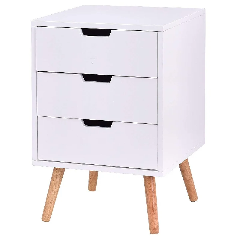 Nightstand w/3 Drawers, Modern End Side Table w/Solid Wood Legs & Stroage Cabinet, White Bedside for Bedroom Home Furniture