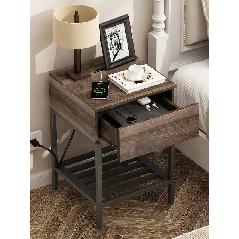 Nightstand with Charging Station and USB Ports, Rustic Side End Table with Drawer and Metal Shelf, Bedside Table