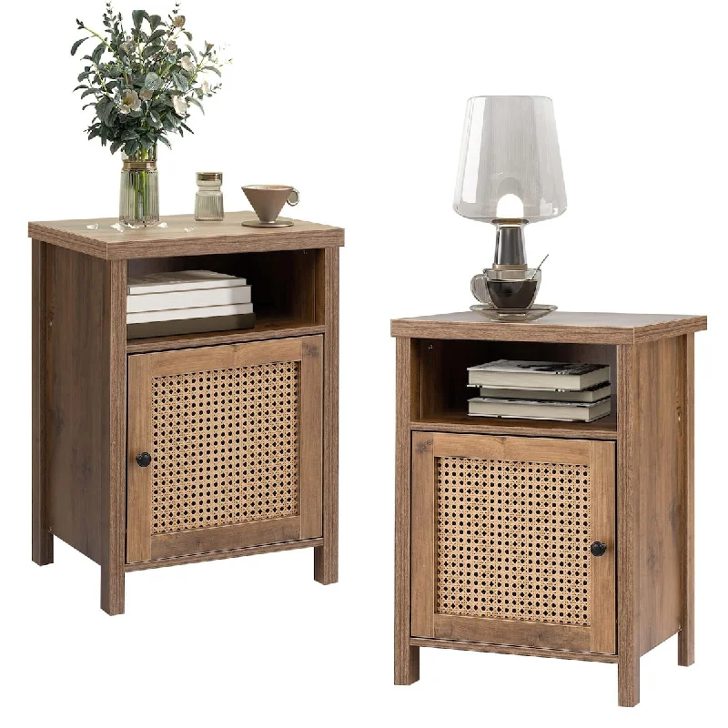 Nightstands Set of 2, End Table, Side Table with Hand Made Rattan Decorated Doors and Shelf, Wood Accent Table for Bedroom