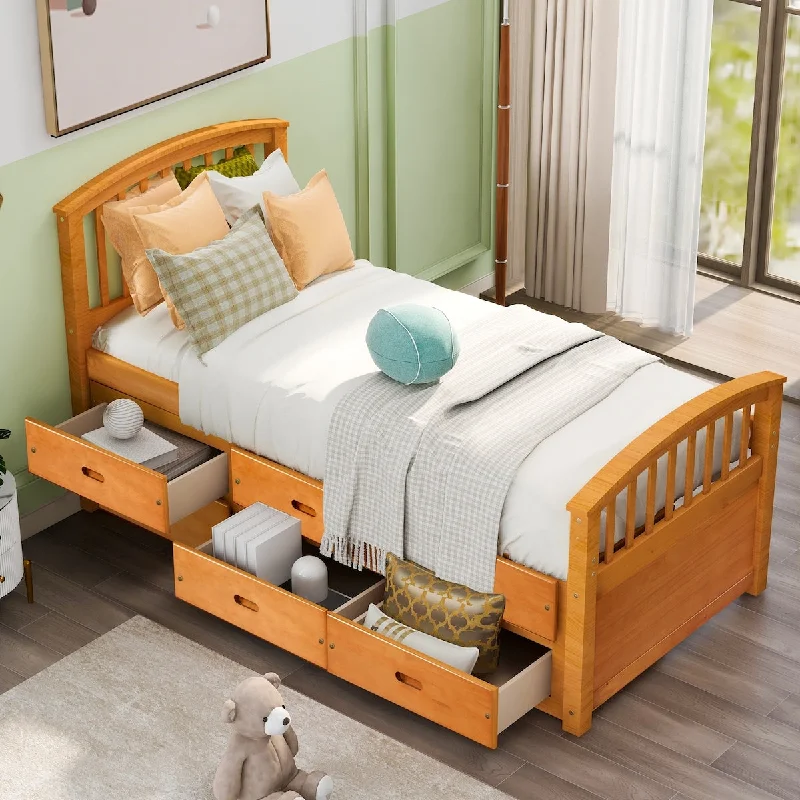 Oak Twin Size Solid Wood Platform Storage Bed with 6 Drawers