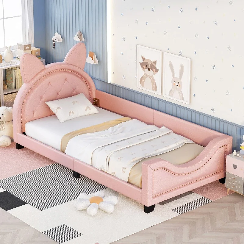 Pink Twin PU Leather Upholstered Daybed with Carton Ears Headboard, Nailheads Decoration