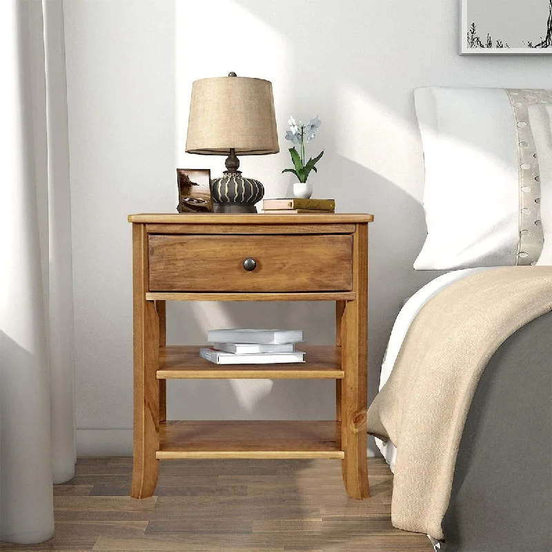 Rustic Wood 3-Tier Nightstand with Storage Shelf and Drawer for Bedroom or Living Room/Round Metal Knobs/Heritage