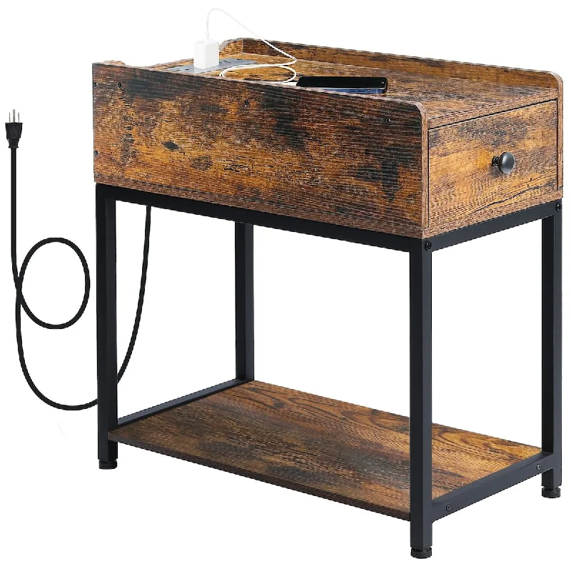 Side Table with Charging Station, Narrow End Tables Nightstand with USB Ports and Power Outlets, Bedside Table