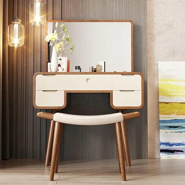 Makeup Vanity Table with Mirror, Dressing Table with 5 Drawers, Modern Wood Bedroom Vintage Dressing Table for Women Girls