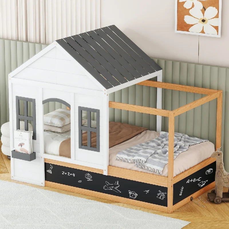 Twin Size House Shaped Bed with Roof and Window, Blackboard and Little Shelf