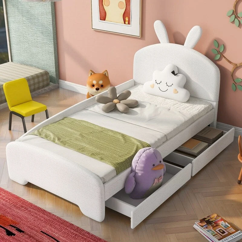 Twin Size Kid Bed with Drawers,Upholstered Platform Bed with Cartoon Ears Headboard