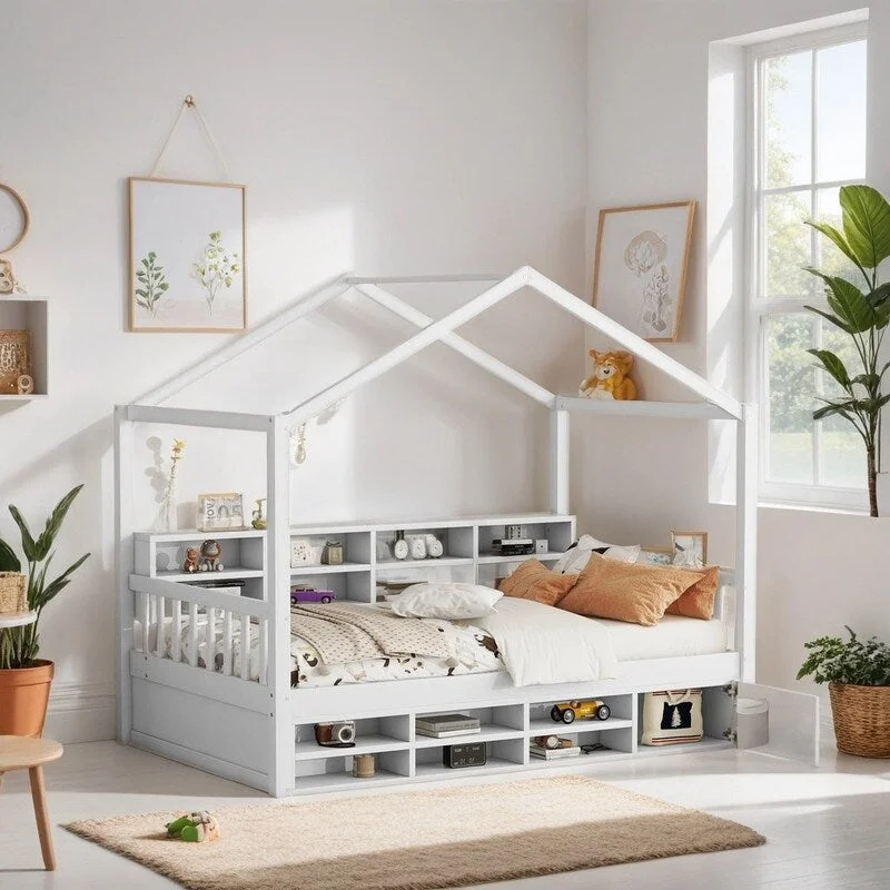 Twin Size Wooden Kids Furniture House Bed Kids Bed with Shelves and a Mini-cabinet, White