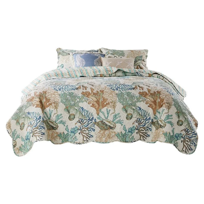 Wade 4 Piece Quilt Set, Ocean Design, Scalloped Edges, Floral Pattern