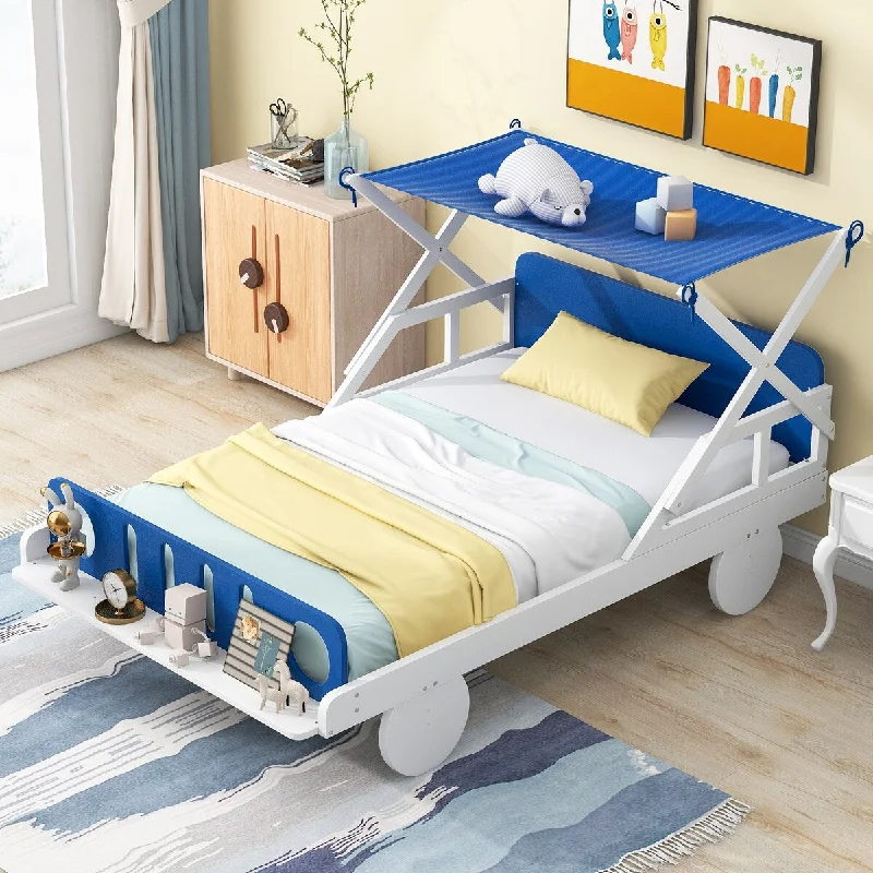 White+Blue Playful Twin Size Car Platform Bed with Ceiling Cloth