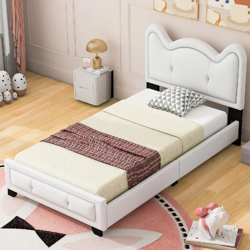 White Cute Pine Wood Upholstered Platform Bed, Cartoon Ears Headboard, Sturdy Construction