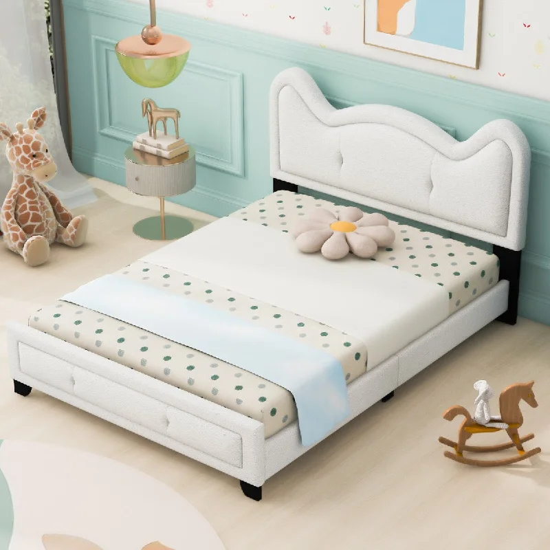 White Cute Pine Wood Upholstered Platform Bed with Cartoon Ears