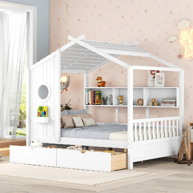 White Full Wooden House Bed with Roof, Drawers, Storage Shelf