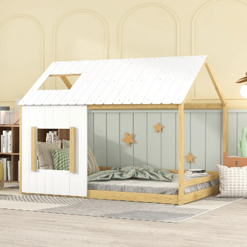 White/Natural Modern Full Size Pine Wood House Bed with Roof and Window, Sturdy Construction