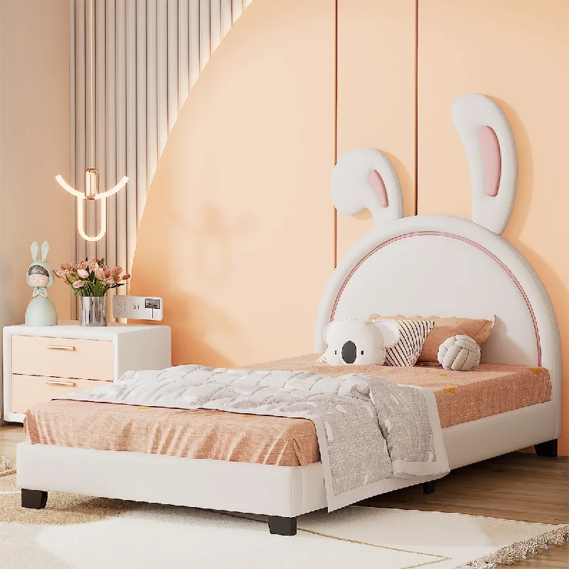 White Twin Size Rabbit Ornament Upholstered Platform Bed with PU Leather