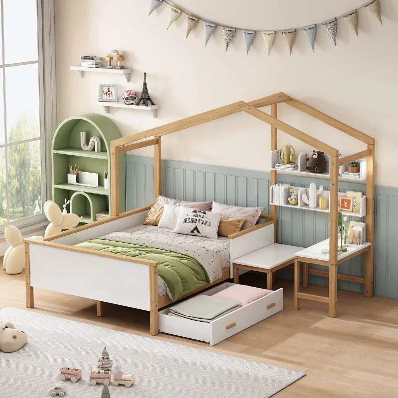 White Wood Twin House Bunk Bed with Roof, Ladder & Windows