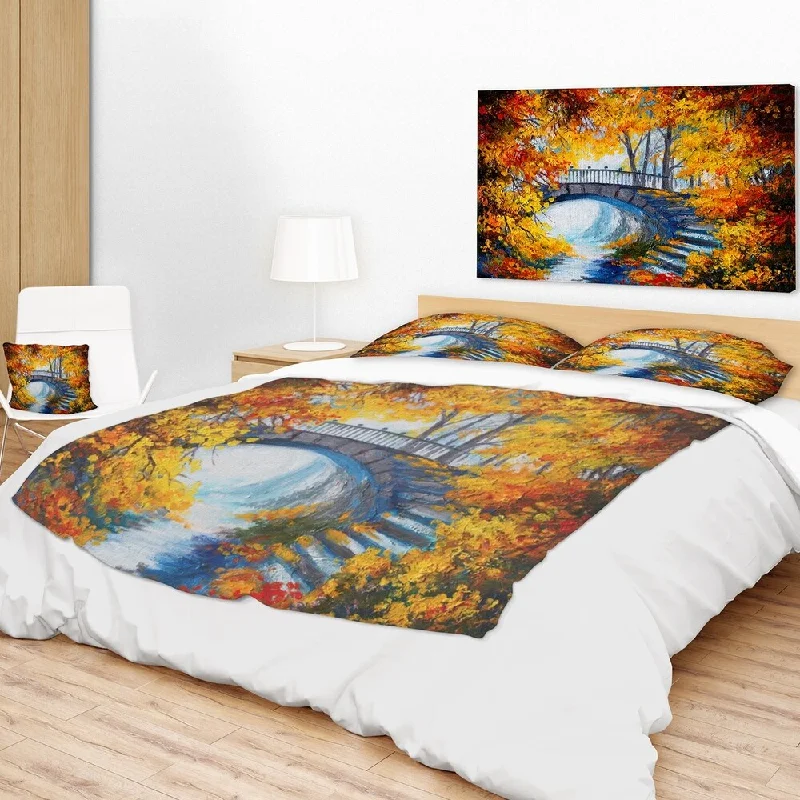 Designart 'Fall Forest with a Bridge' Landscape Fleece Throw Blanket