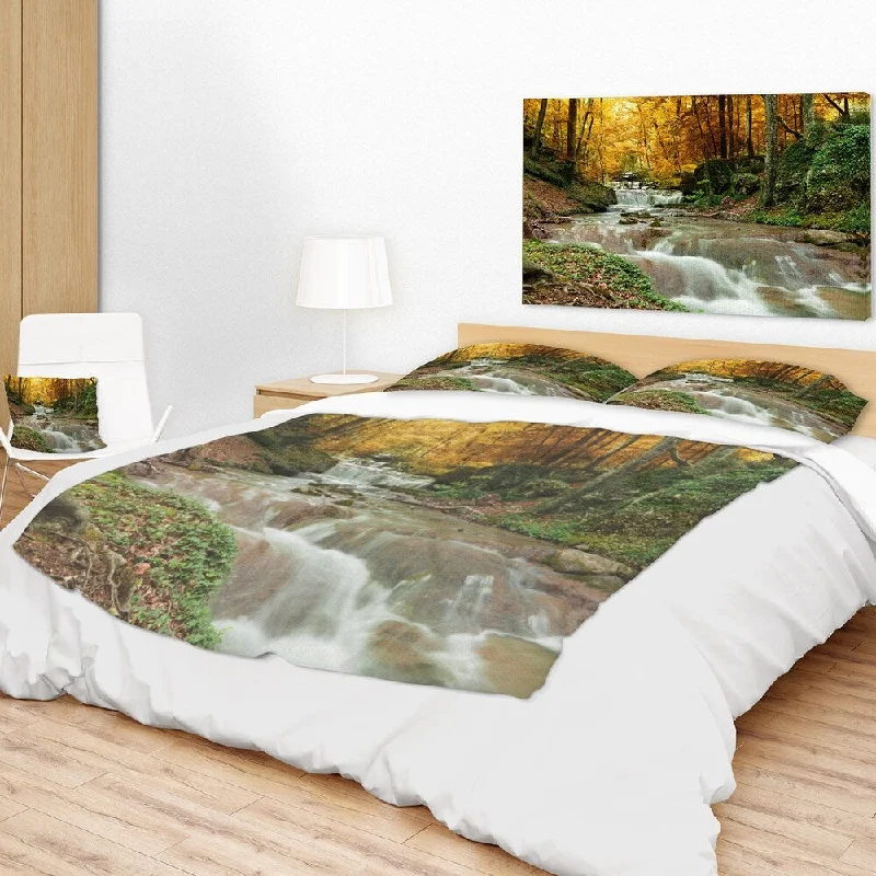 Designart 'Forest Waterfall with Yellow Trees' Landscape Fleece Throw Blanket